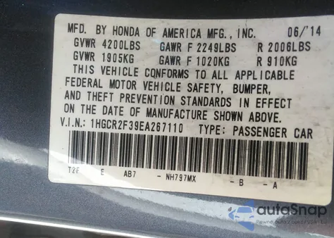 2014 Honda Accord Lx из США, поврежденный, VIN 1HGCR2F39EA267110